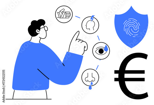 Person pointing at sensory icons representing touch, sight, smell, and hearing, alongside a fingerprint shield and euro symbol. Ideal for security, technology, finance, biometrics identity