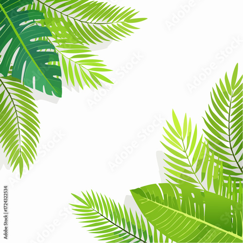 Lush Green Tropical Leaves Frame on White Background