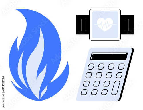 Blue flame, fitness smartwatch with heart rate monitor, and calculator for energy, technology, and wellness. Ideal for fitness, health, finance, motivation activity tracking efficiency and simple