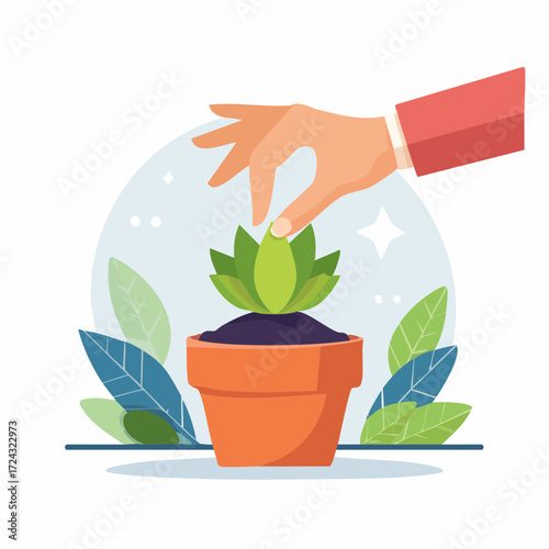 Hand Gently Tending to a Small Succulent in a Terracotta Pot