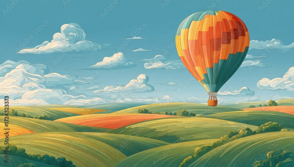 Fototapeta premium Colorful hot air balloon over rolling hills
