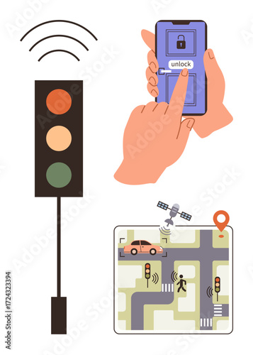 Traffic light, smartphone unlocking interface, GPS-based navigation map, satellite, and wireless signals. Ideal for smart city, IoT, transportation, urban planning mobility road safety simple flat