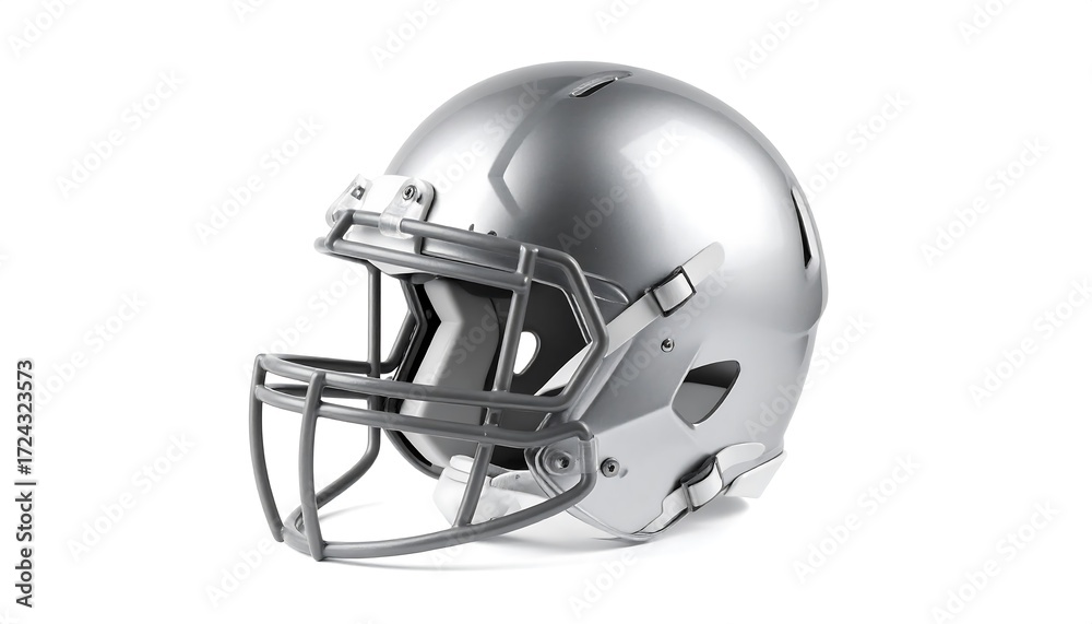 Naklejka premium Silver football helmet on a plain white background