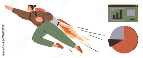 Individual wearing rocket backpack flying toward bar and pie charts, symbolizing progress, innovation, growth, and achievement. Ideal for business, entrepreneurship, motivation, analytics data