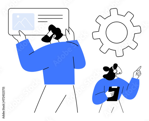 Two professionals interacting with digital content panel alongside settings gear representation. Ideal for teamwork, technology, collaboration, planning, innovation, problem-solving, modern