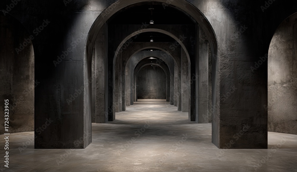 Fototapeta premium Long, dark concrete archway hallway