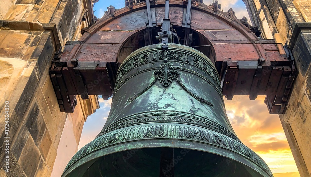 Fototapeta premium Ornate bell in a historic tower at sunset