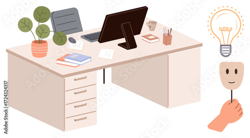 Modern office desk setup with computer, plant, books, coffee, and stationery. Hand holding mask and glowing lightbulb represent creativity, innovation, identity teamwork and ideas. Ideal