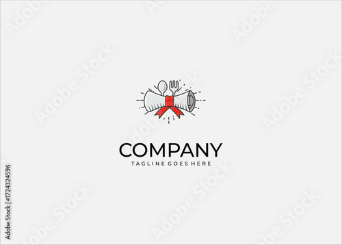 Recipe certificate icon, rolled diploma with spoon and fork, symbol of cooking recipe collection, culinary guide, kitchen award, or food knowledge.