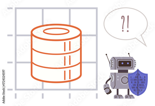 Robot with shield, large database visuals on grid and speech bubble with punctuation. Ideal for technology, data security, artificial intelligence, innovation, troubleshooting, protection, systems