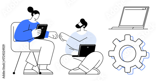 Two people using tablets and laptops while discussing ideas, with a gear and laptop. Ideal for teamwork, collaboration, technology, productivity, problem-solving, innovation, simple flat metaphor