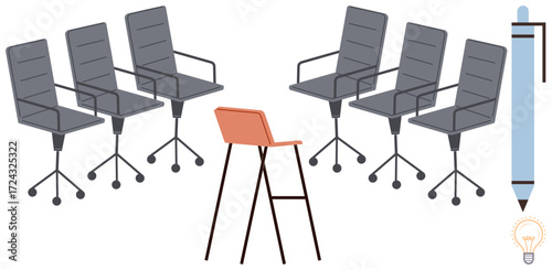 Group of ergonomic office chairs face a simple high stool, juxtaposing collaboration and individuality. Oversized pen symbolizes creativity. Ideal for office, teamwork, brainstorming, individuality