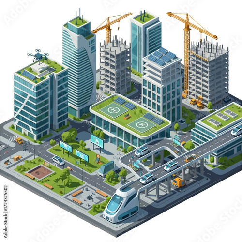 Isometric city illustration with buildings cranes train tracks and green spaces.