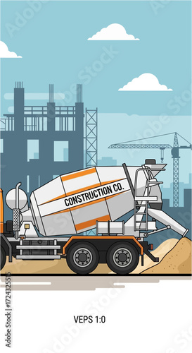 Cement mixer truck at a construction site with scaffolding and crane in background.