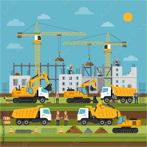 Construction site with cranes trucks and other machinery under a sunny sky.