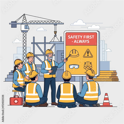 Construction workers attend safety training with crane and building under construction.
