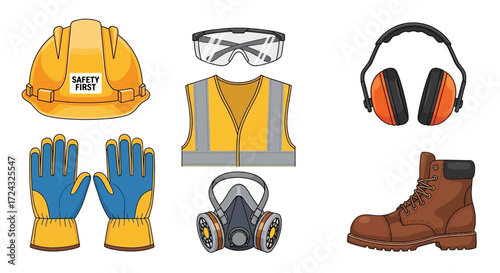 Illustration of construction safety equipment including hard hat gloves vest and boots.