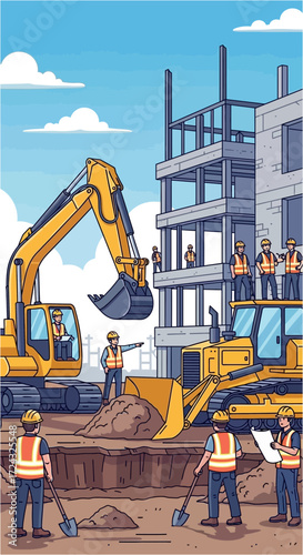 Construction site with heavy machinery and workers building a multi-story building.