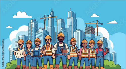 Group of construction workers standing in front of a city skyline illustration.