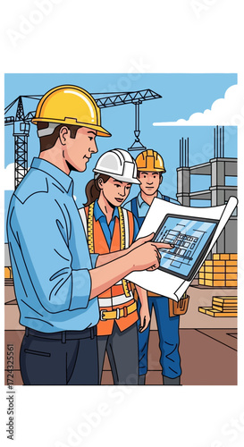 Three construction workers looking at a blueprint with a building under construction.
