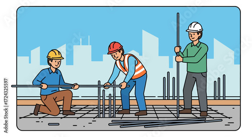 Construction workers building a concrete rebar foundation with a city skyline background.