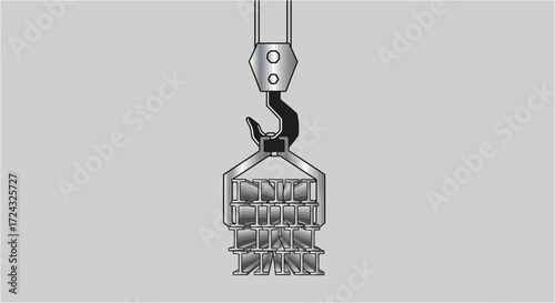 A crane hook lifting a pallet of bricks against a light gray background.