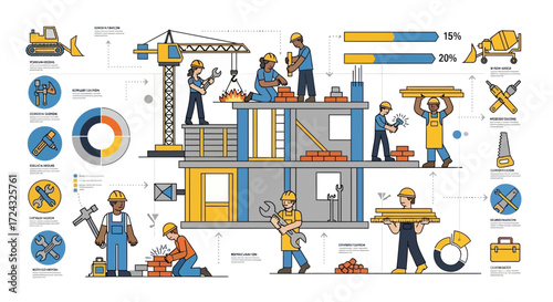 Construction site illustration with workers crane building and infographics on white background.