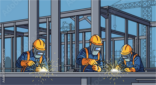 Three construction workers welding metal beams on a building site.