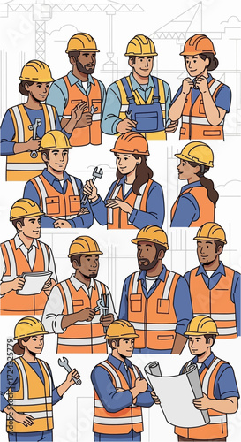 Group of diverse construction workers wearing hard hats and safety vests.