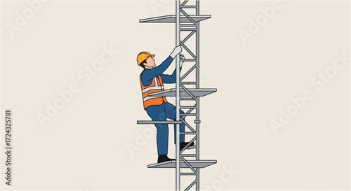 Worker climbs metal structure wearing safety gear against a neutral background.
