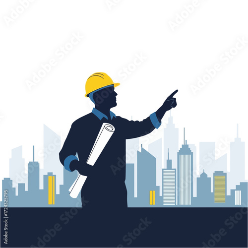 Silhouette of construction worker with blueprint against city skyline background.