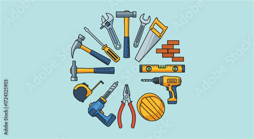 Various hand tools arranged in a circular pattern on a light blue background.