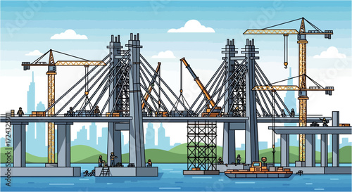Bridge under construction with cranes and city skyline in the background.