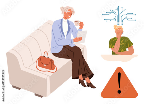 Woman relaxing with coffee and document, man pondering with network-thumbs up visuals, caution mark nearby. Ideal for technology, decision-making, problem-solving, mindfulness, lifestyle, warning