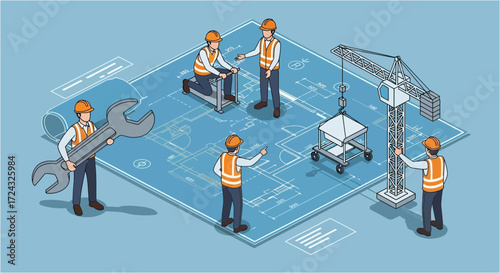 Isometric illustration shows construction workers with tools and crane on blueprint background.