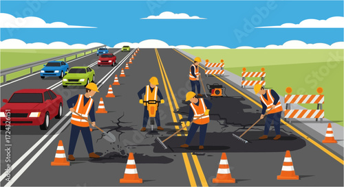 Road construction scene with workers vehicles and traffic cones on a highway.