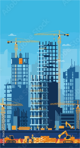 Construction site with cranes and unfinished buildings against a blue sky background.
