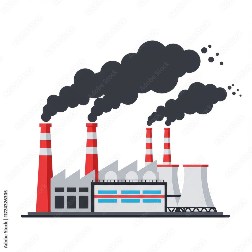 Obraz premium Factory air pollution with smoke from chimneys. Industrial plant releasing toxic gas into atmosphere. Environmental damage concept. Flat vector illustration isolated on white background.