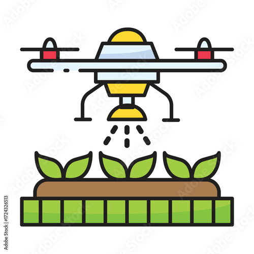 Drone spraying plants in a field