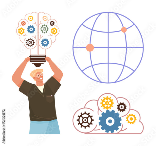 Person holding bulb with mechanical gears, globe with connections, cloud with cogs and machine parts. Ideal for innovation, teamwork, global networking, technology, creativity, solutions