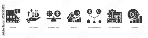 Business Financial Forecasting glyph banner web icon set vector illustration concept with icon of estimate, profit growth, break even point, forecast, resource allocation, cost management, economic