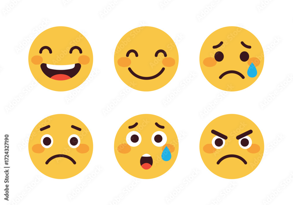 Fototapeta premium Collection of six diverse yellow emoji faces expressing various emotions