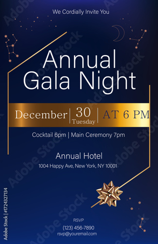 Annual Gala Night poster vector design with dark blue  background and gold theme, luxury event promotional template