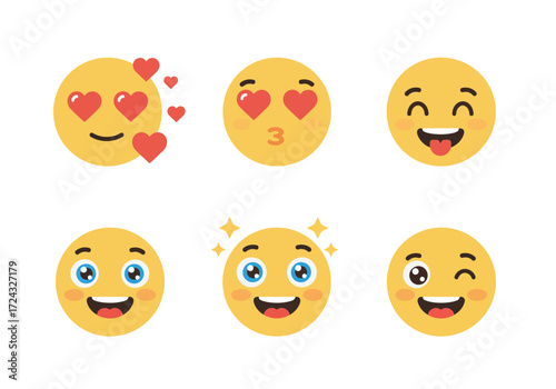 A collection of six cute yellow emoticons expressing love, joy, and happiness.