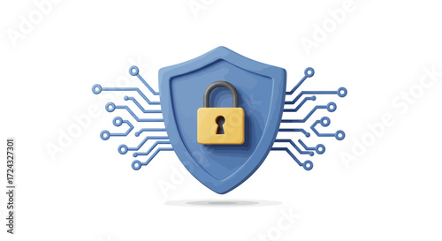 A digital shield with a padlock symbolizes cybersecurity and data protection in a technological context.