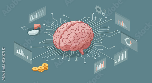 Illustration of a human brain connected to digital circuits and data visualizations, symbolizing artificial intelligence and data analysis.
