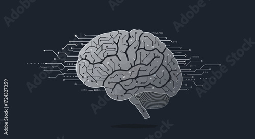 Stylized digital brain with intricate circuit board patterns representing artificial intelligence and advanced technology concepts.