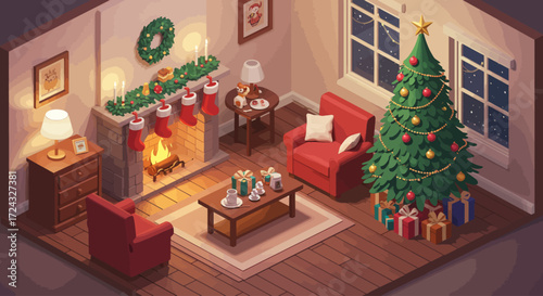 Cozy Christmas living room scene with fireplace, Christmas tree, and presents.