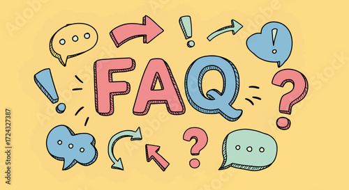 Hand-drawn illustration of the letters "FAQ" surrounded by various speech bubbles, question marks, and arrows, on a yellow background.
