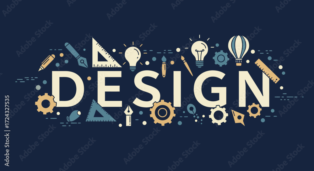 Fototapeta premium Creative design concept illustration with various tools and icons surrounding the word DESIGN on a dark background.